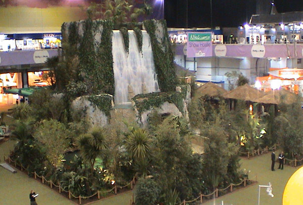 Indoor waterfall and rainforest exhibition stand